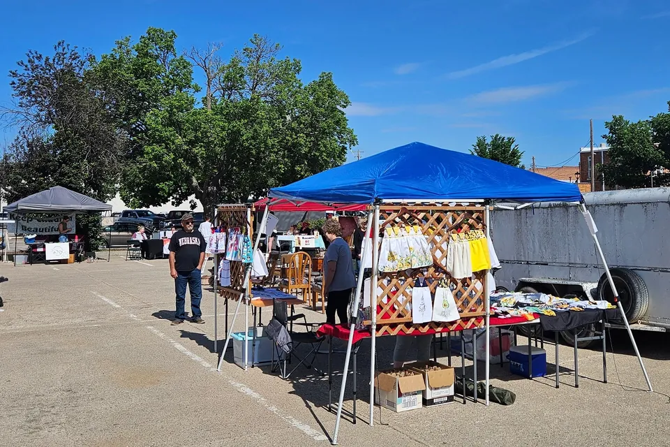 A vendor under a canopy offers items for sale.