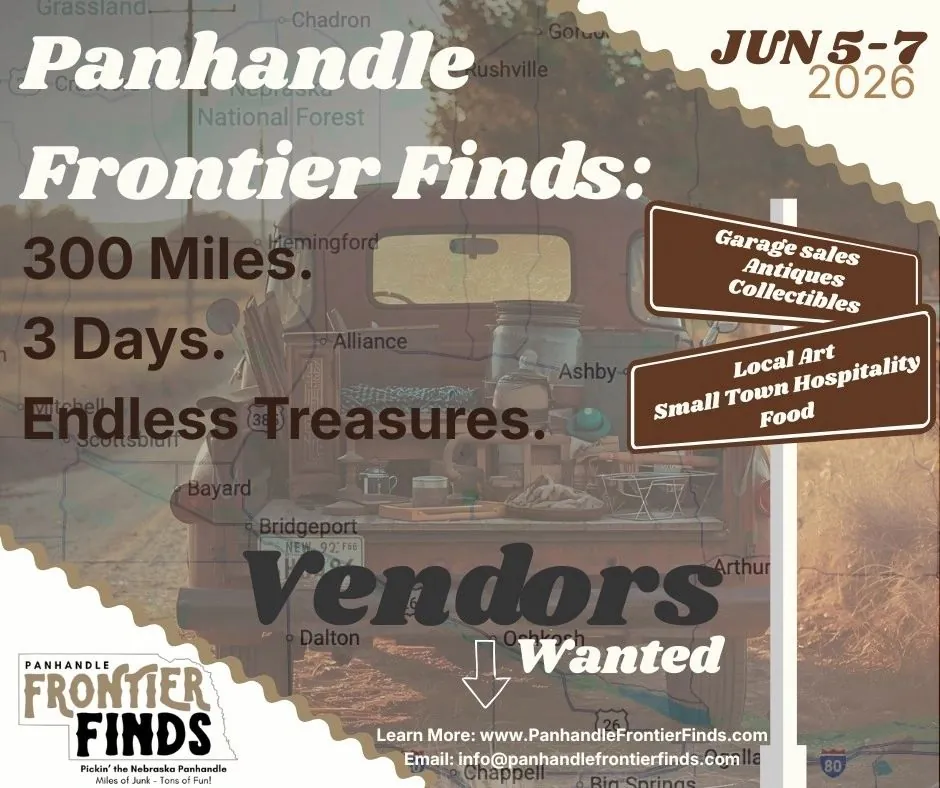 A graphic that reads: Panhandle Frontier Finds: 300 Miles. 3 Days. Endless Treasures. and features a pickup filled with collectibles.